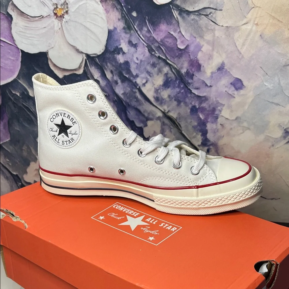 Converse High Top Sneaker in White with Red & Navy Accents - Picture 2 of 9